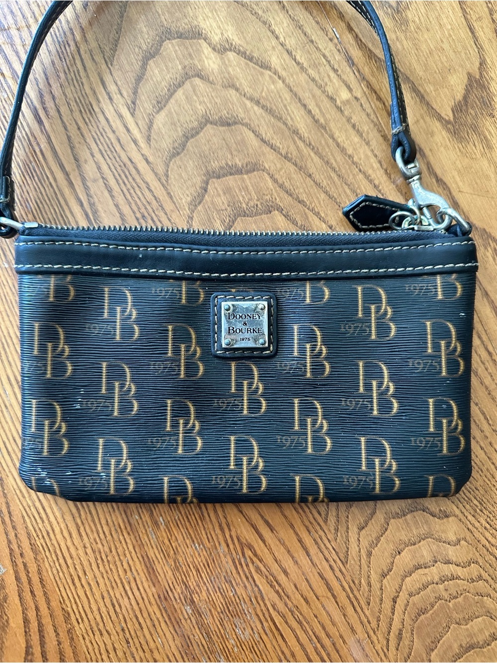 Dooney & Bourke Black Wristlet with Tan DB Logo Print
